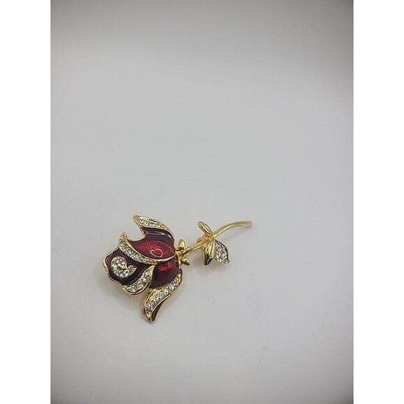 Vintage Brooch Pin Rose Flower Gold Tone Crystals Jewelry Costume - Picture 7 of 15